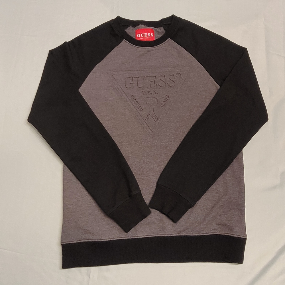 GUESS Embossed Logo Raglan Sweatshirt — Gray/Black — Size Small